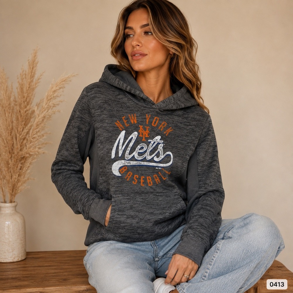 Majestic New York Mets MLB Hoodie Womens Medium Grey Space Dye Pullover 0413